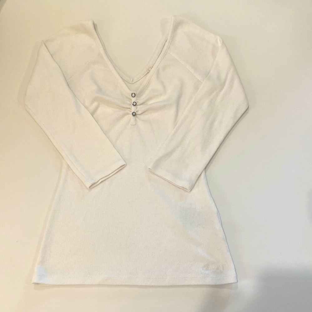 GUESS White 3/4 Sleeve V-Neck Blouse
